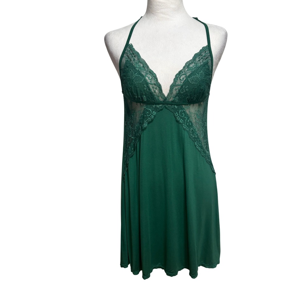 Lace Slip Dress Womens M Green Halter Night Out Clubbing Slinky Lingerie Chemise